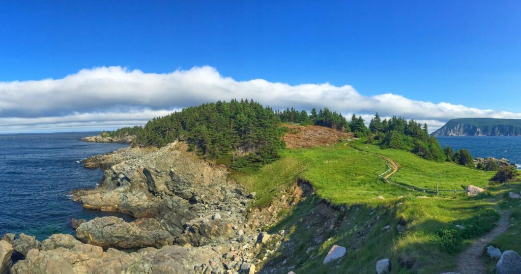 an aerial view of a hiking trail by the ocean on cape breton