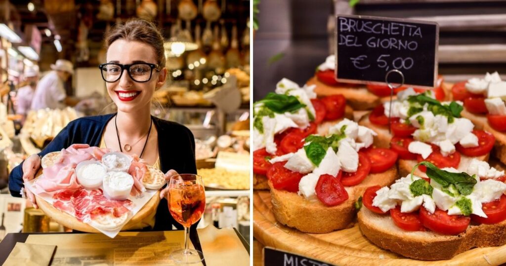 a woman holding a charcuterie plate with wine, a platter full of bruschetta