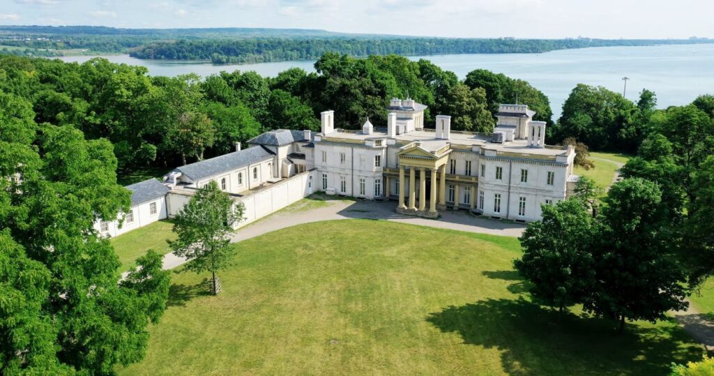an aerial view of dundurn castle in canada with the water in the background