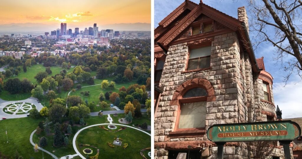 an aerial view of denver, colorado, the molly brown house