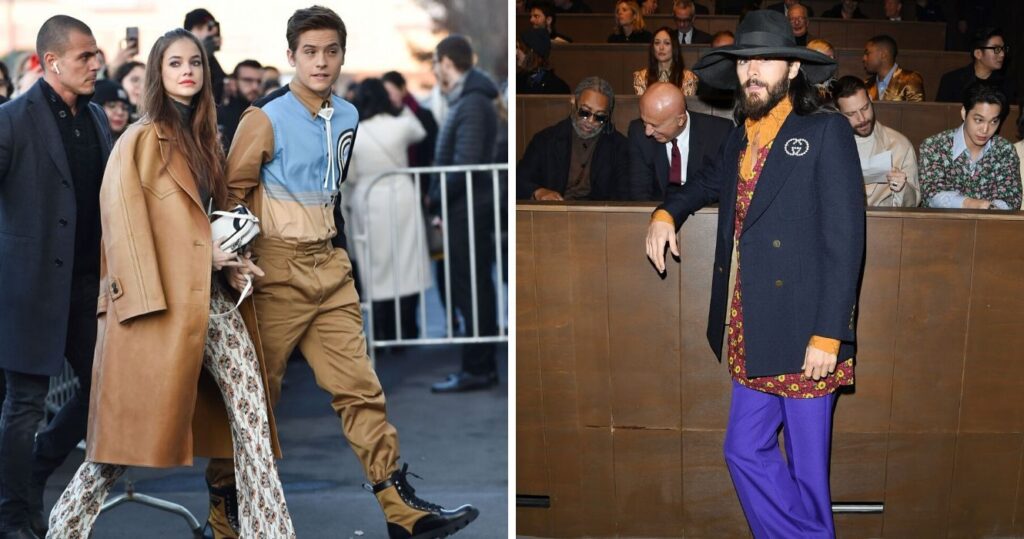 Barbara Palvin walking with Dylan Sprouse and Jared Leto posing in Milan