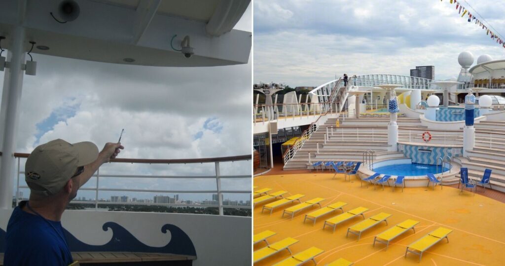 Cruise ship captain points to surveillance camera/ empty pool deck
