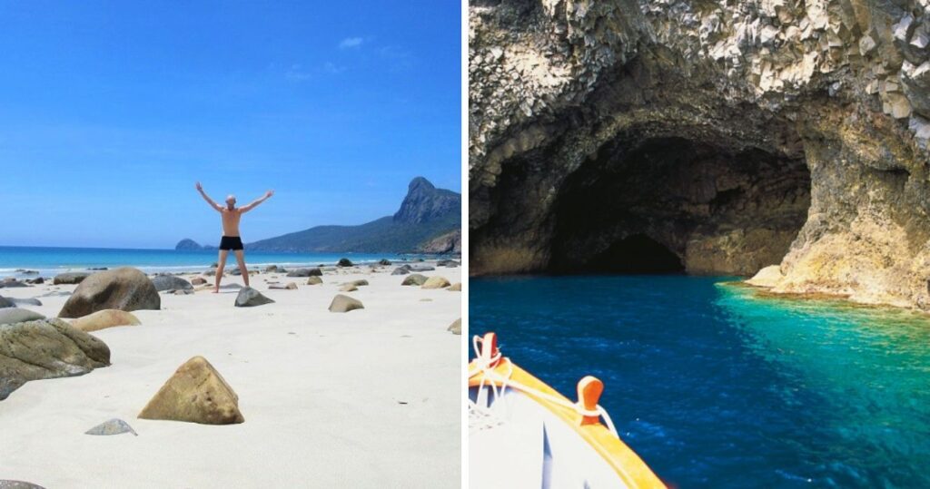 Single man standing on a beach with large stones all over it/the bow of a boat pointed toward a cave in the ocean